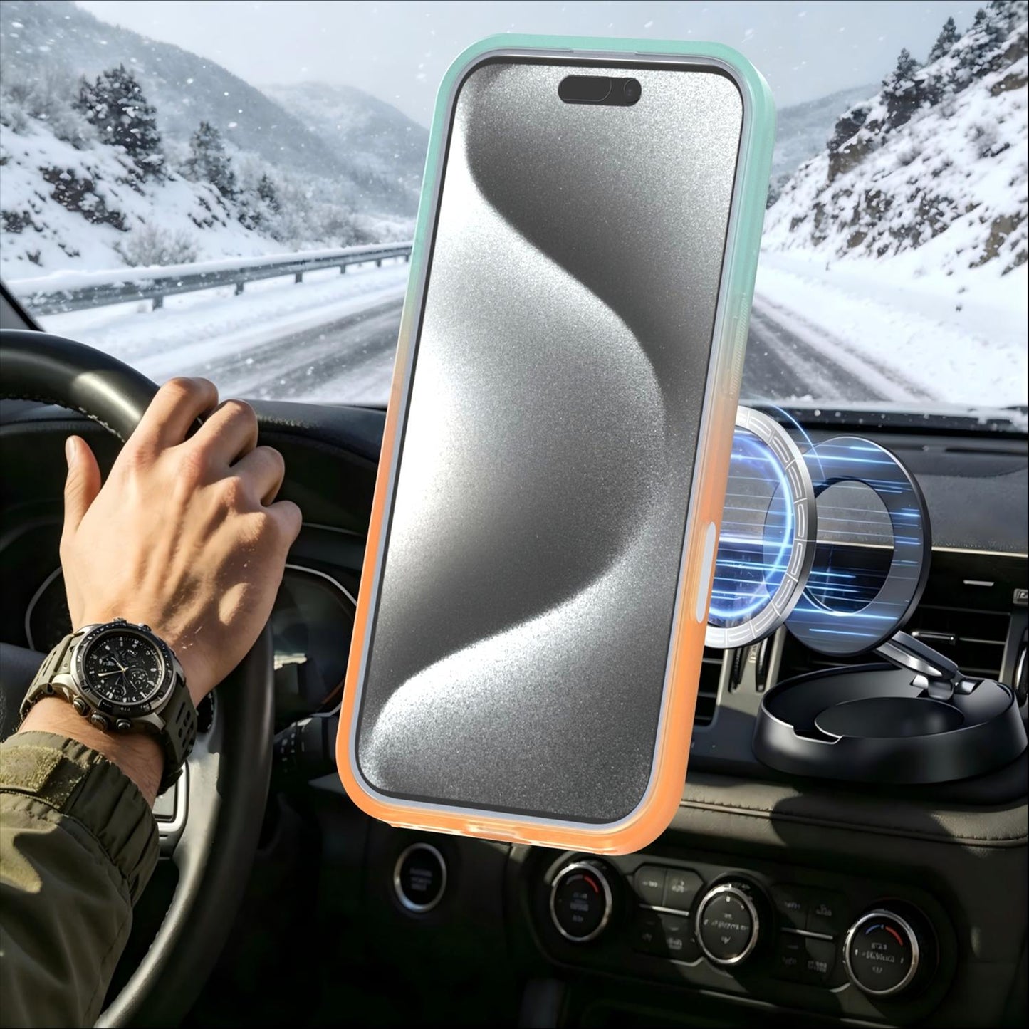 For iPhone 16 Pro Phantom Skin Feel Gradient 360 Degree Rotating Holder Phone Case(Orange)