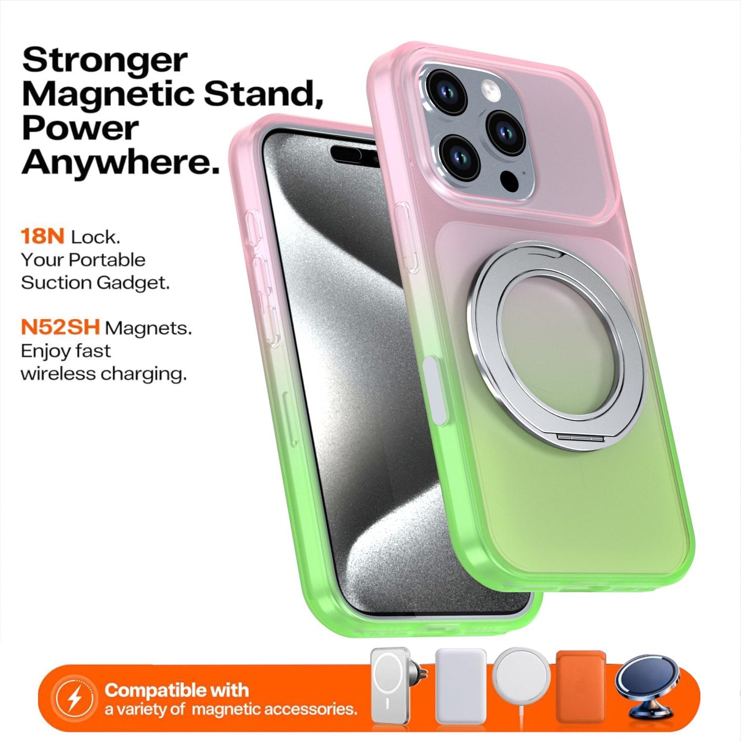 For iPhone 16 Pro Phantom Skin Feel Gradient 360 Degree Rotating Holder Phone Case(Pink)