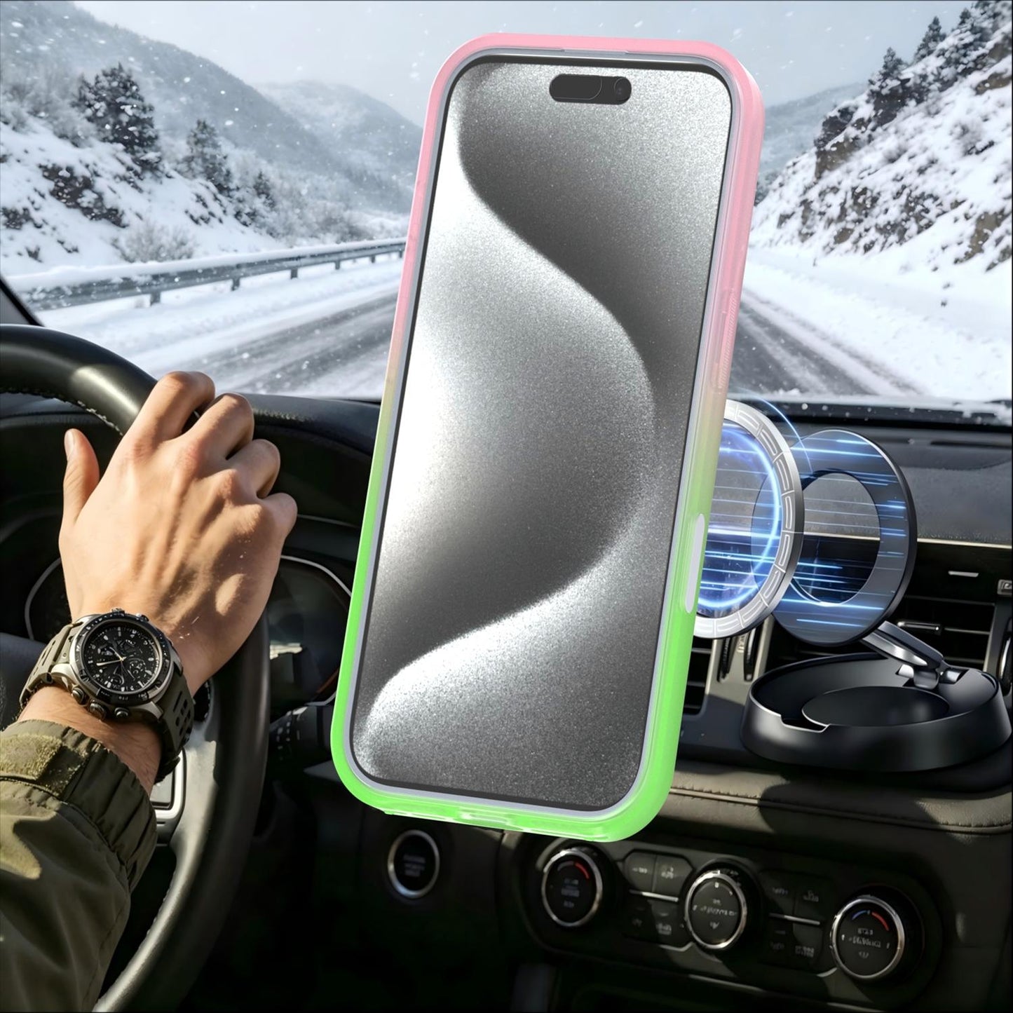 For iPhone 16 Pro Phantom Skin Feel Gradient 360 Degree Rotating Holder Phone Case(Pink)