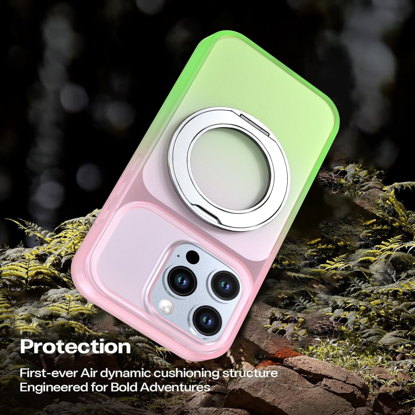 For iPhone 16 Pro Phantom Skin Feel Gradient 360 Degree Rotating Holder Phone Case(Pink)