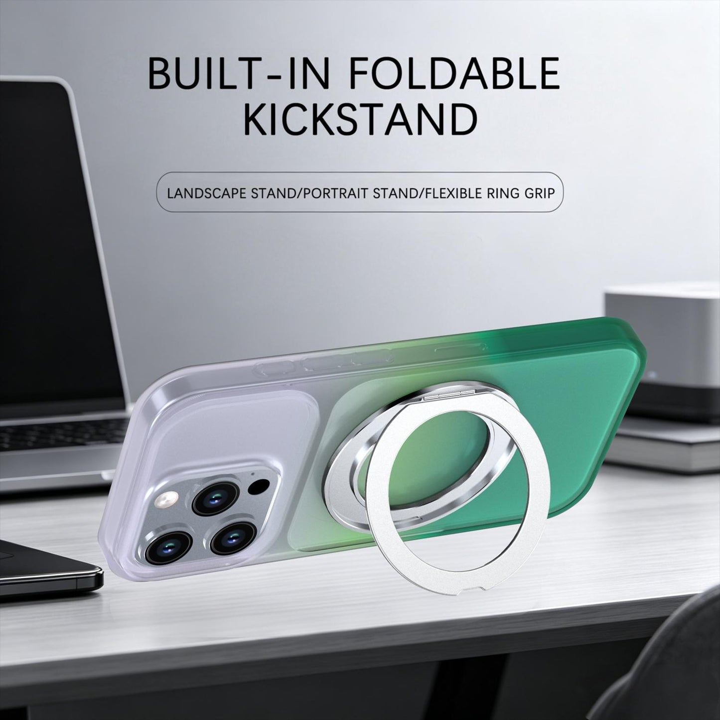For iPhone 16 Pro Phantom Skin Feel Gradient 360 Degree Rotating Holder Phone Case(Green)