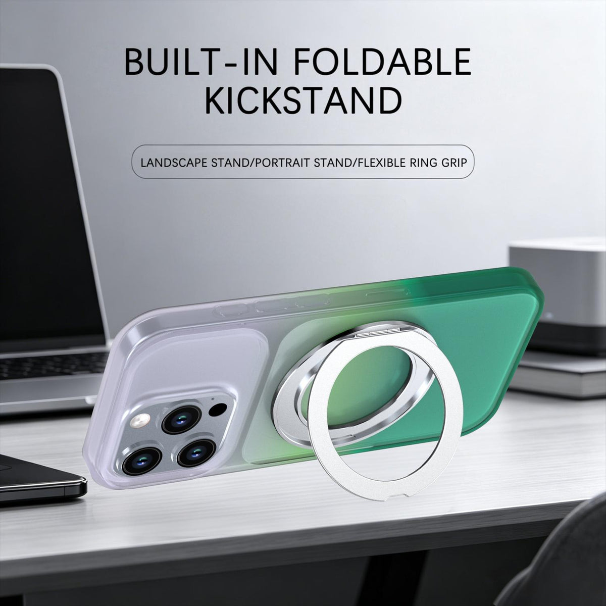 For iPhone 16 Pro Phantom Skin Feel Gradient 360 Degree Rotating Holder Phone Case - Green - EDA009999006D