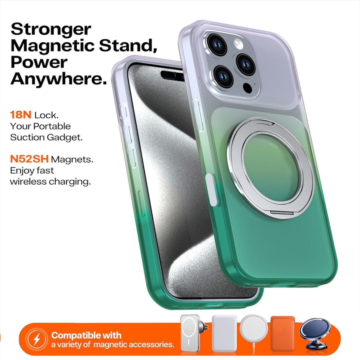 For iPhone 16 Pro Phantom Skin Feel Gradient 360 Degree Rotating Holder Phone Case(Green)