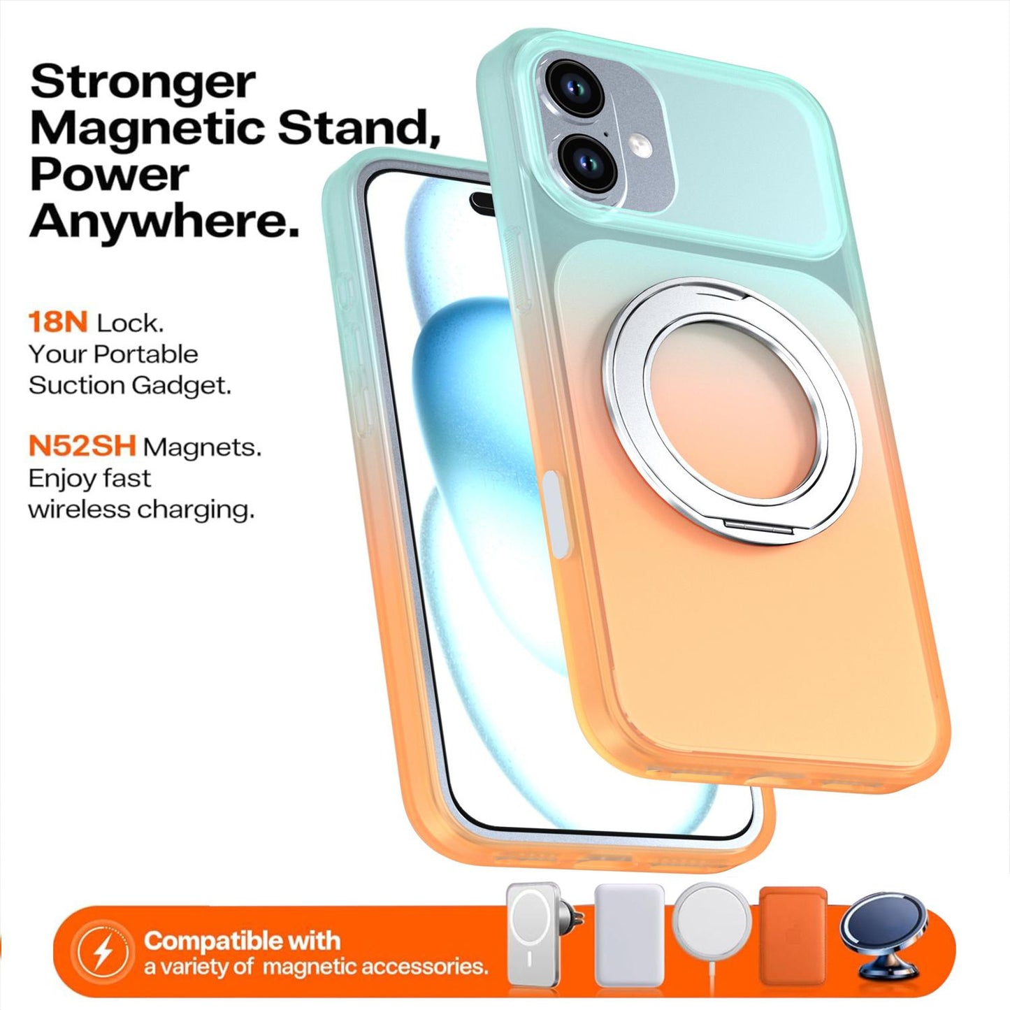 For iPhone 16 Plus Phantom Skin Feel Gradient 360 Degree Rotating Holder Phone Case(Orange)