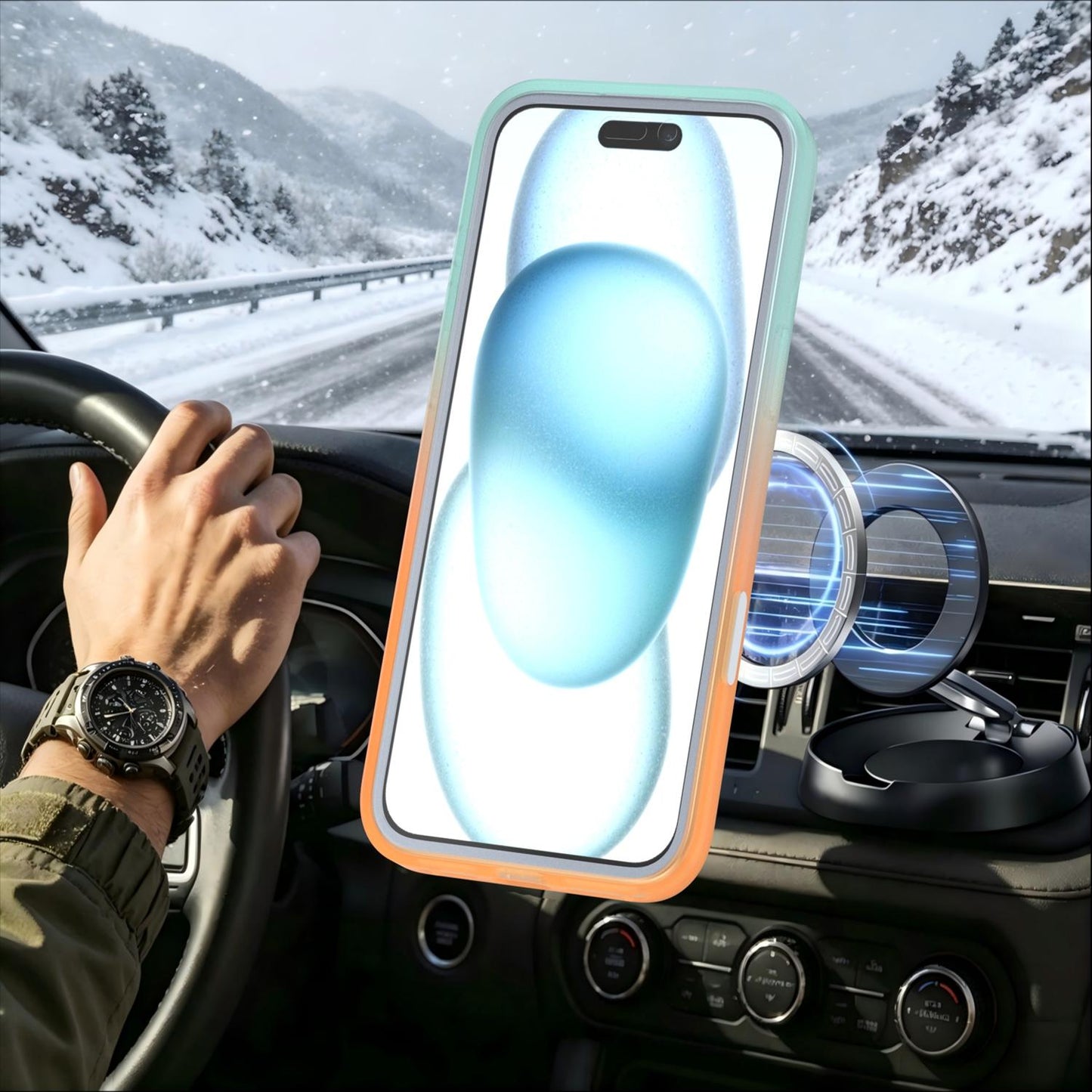 For iPhone 16 Plus Phantom Skin Feel Gradient 360 Degree Rotating Holder Phone Case(Orange)