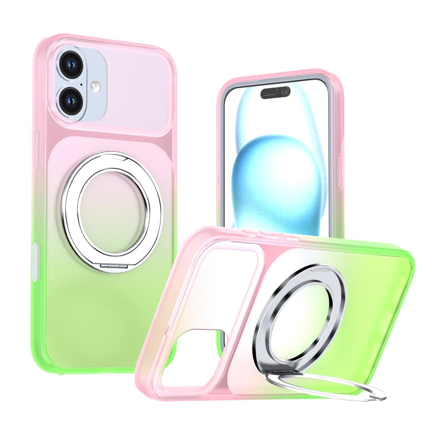For iPhone 16 Plus Phantom Skin Feel Gradient 360 Degree Rotating Holder Phone Case(Pink)