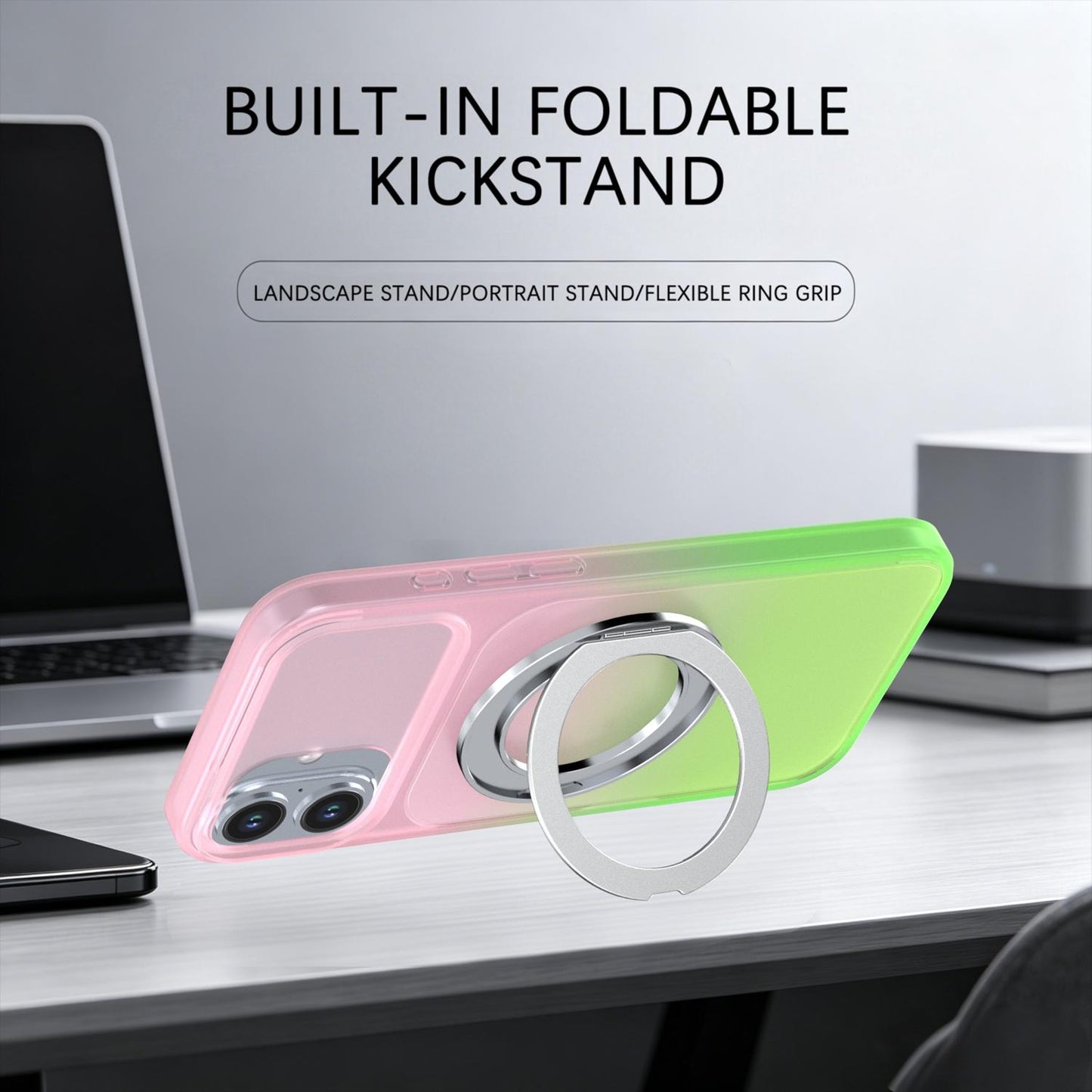 For iPhone 16 Plus Phantom Skin Feel Gradient 360 Degree Rotating Holder Phone Case(Pink)