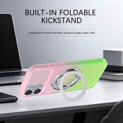 For iPhone 16 Plus Phantom Skin Feel Gradient 360 Degree Rotating Holder Phone Case(Pink)