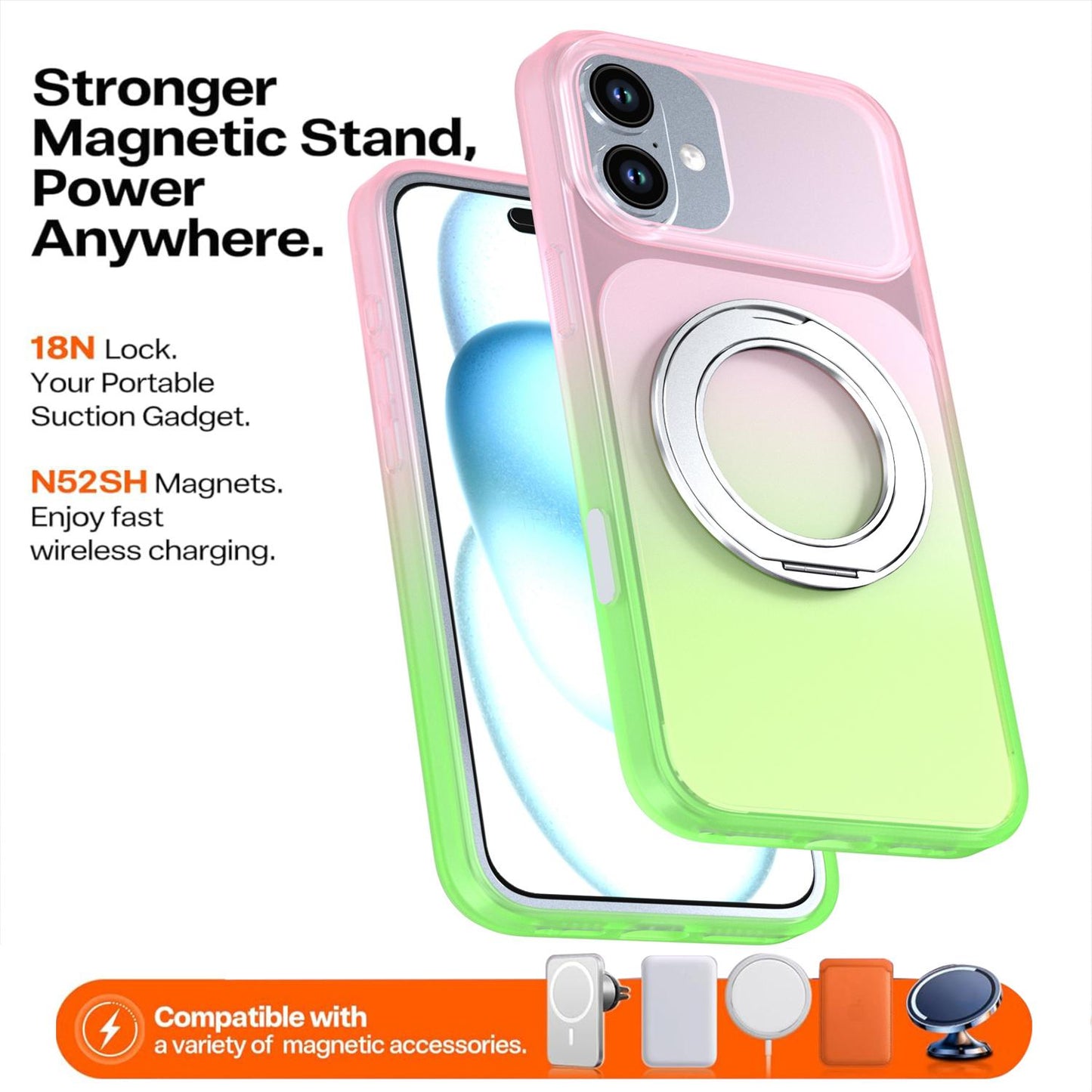 For iPhone 16 Plus Phantom Skin Feel Gradient 360 Degree Rotating Holder Phone Case(Pink)