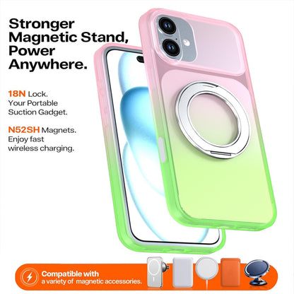 For iPhone 16 Plus Phantom Skin Feel Gradient 360 Degree Rotating Holder Phone Case(Pink)