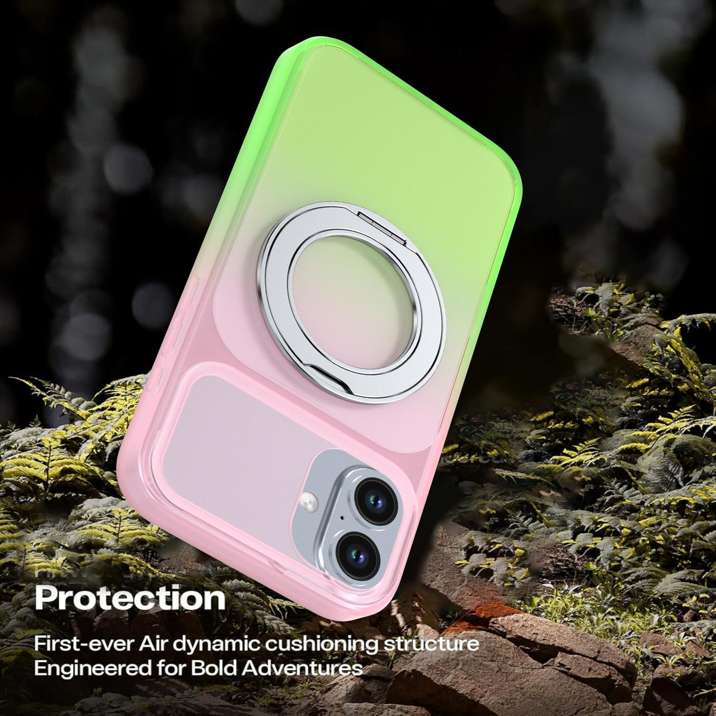 For iPhone 16 Plus Phantom Skin Feel Gradient 360 Degree Rotating Holder Phone Case(Pink)