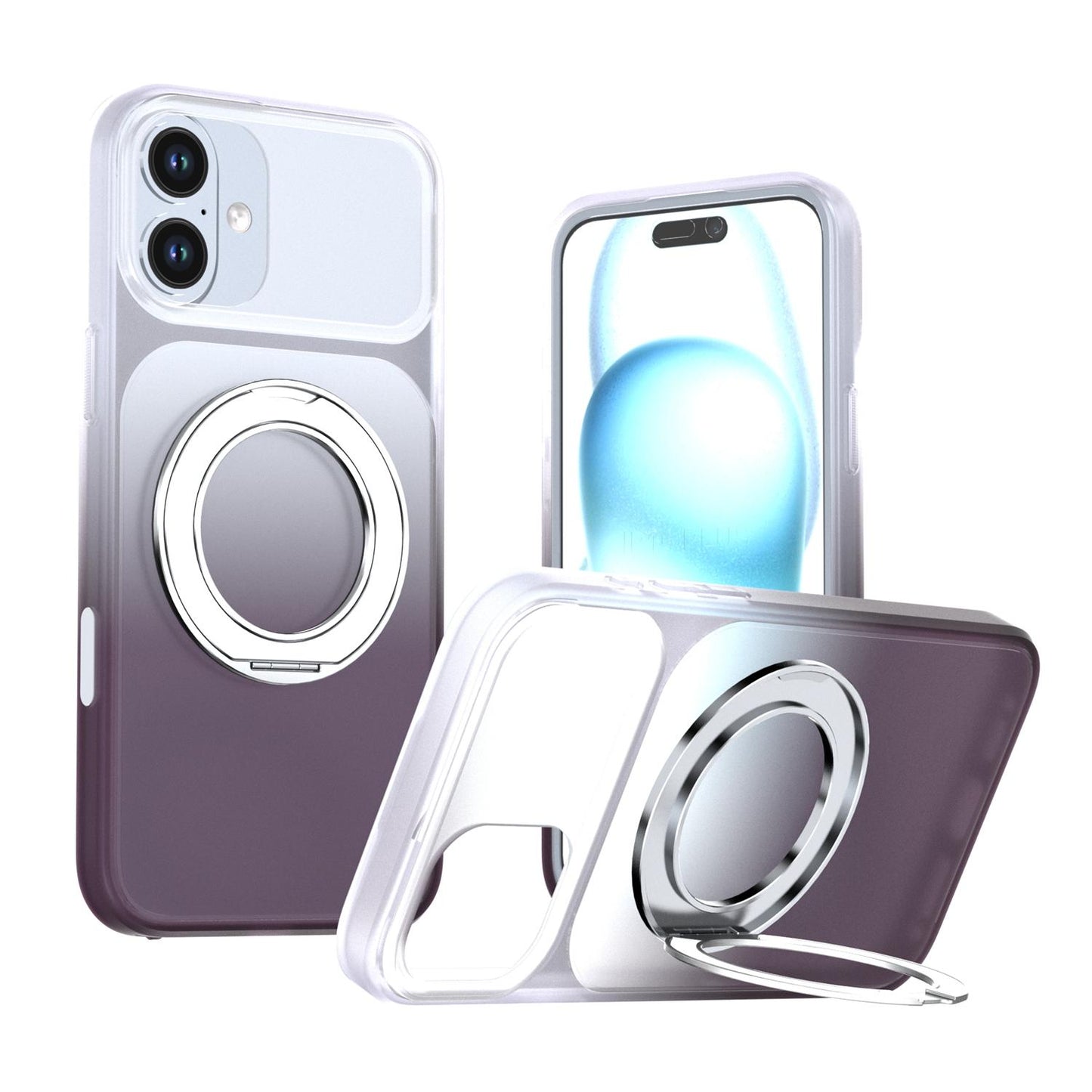 For iPhone 16 Plus Phantom Skin Feel Gradient 360 Degree Rotating Holder Phone Case(Grey)