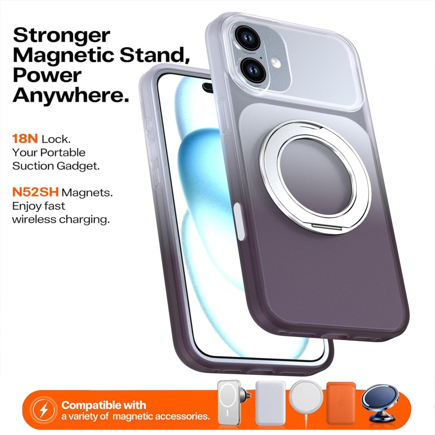 For iPhone 16 Plus Phantom Skin Feel Gradient 360 Degree Rotating Holder Phone Case(Grey)