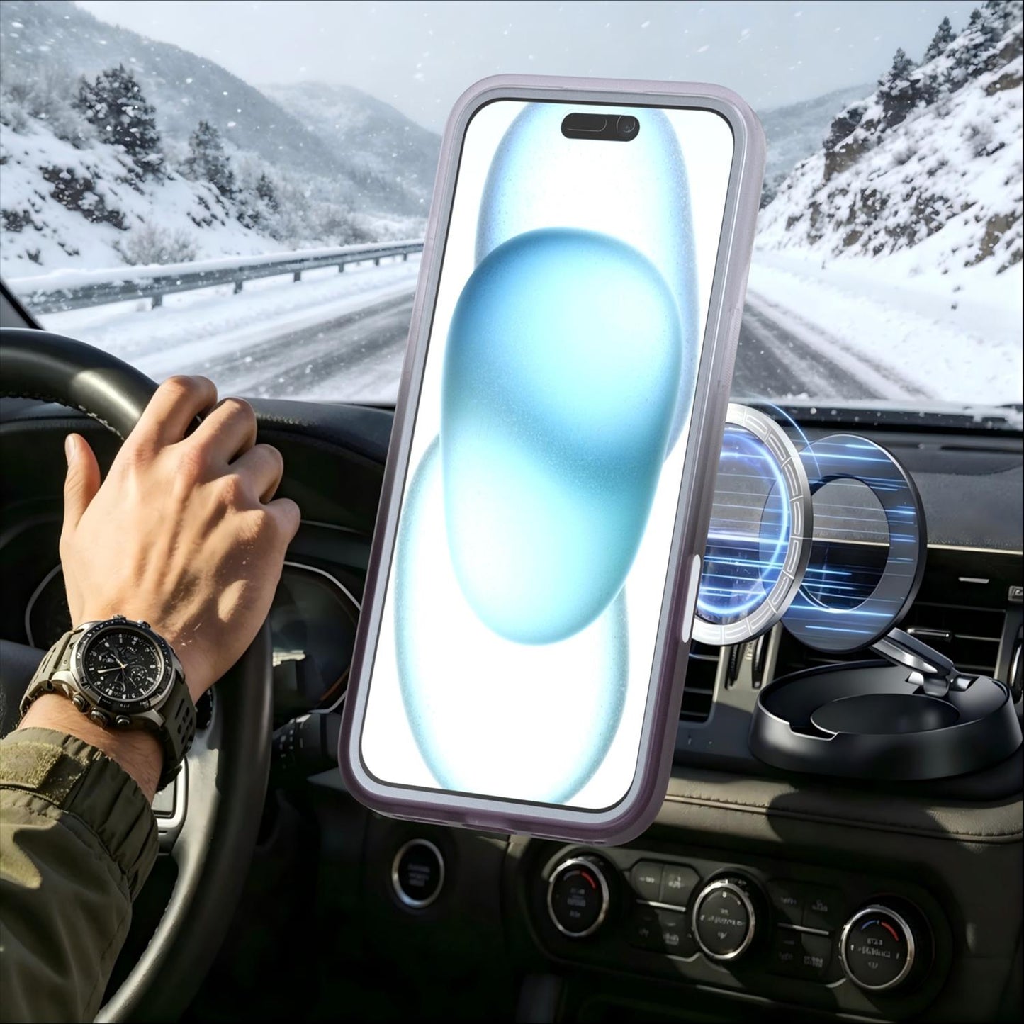 For iPhone 16 Plus Phantom Skin Feel Gradient 360 Degree Rotating Holder Phone Case(Grey)