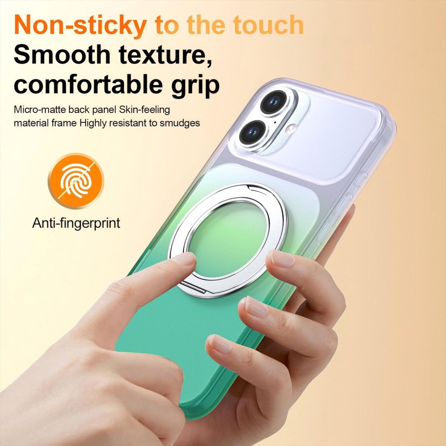 For iPhone 16 Plus Phantom Skin Feel Gradient 360 Degree Rotating Holder Phone Case(Green)