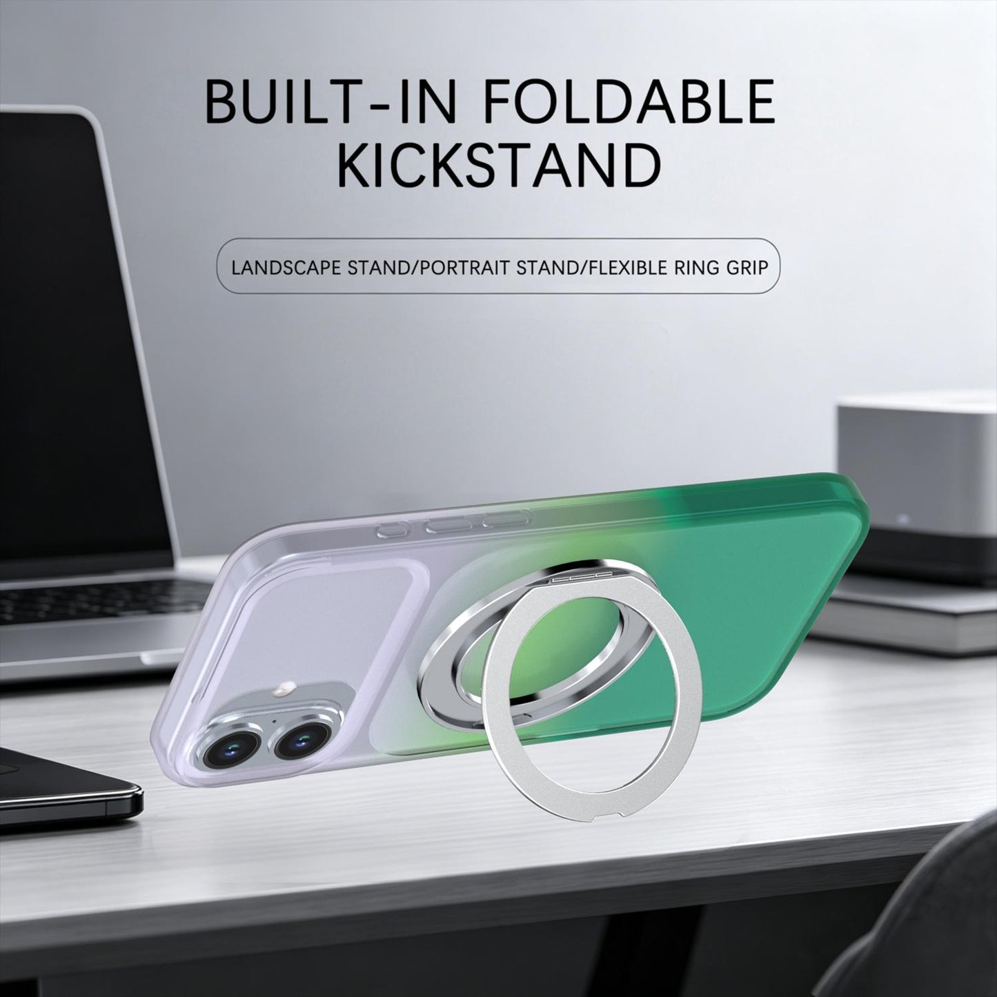 For iPhone 16 Plus Phantom Skin Feel Gradient 360 Degree Rotating Holder Phone Case(Green)