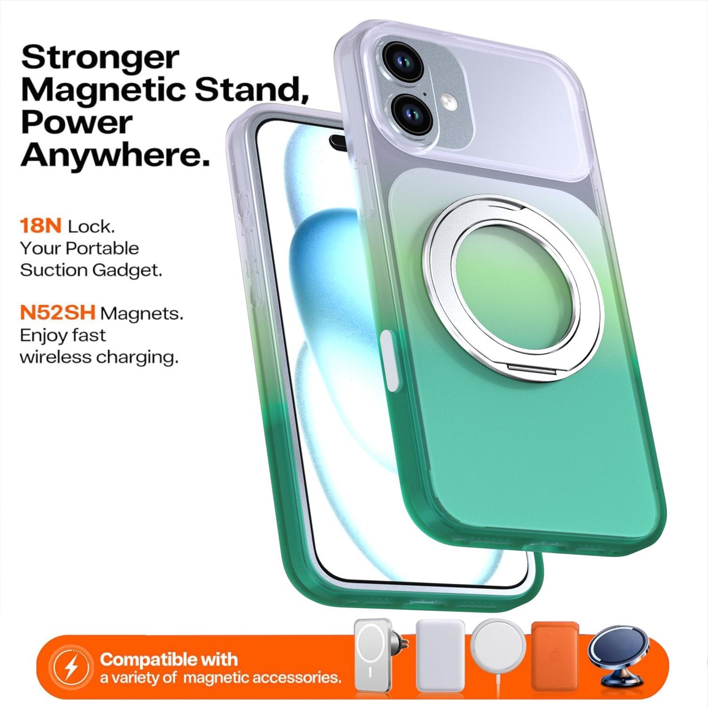 For iPhone 16 Plus Phantom Skin Feel Gradient 360 Degree Rotating Holder Phone Case(Green)