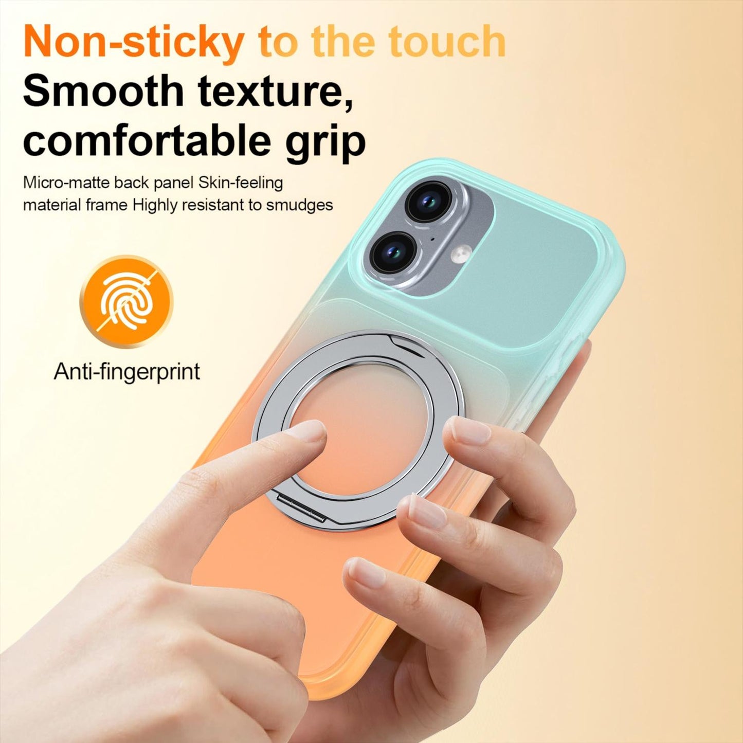 For iPhone 16 Phantom Skin Feel Gradient 360 Degree Rotating Holder Phone Case(Orange)