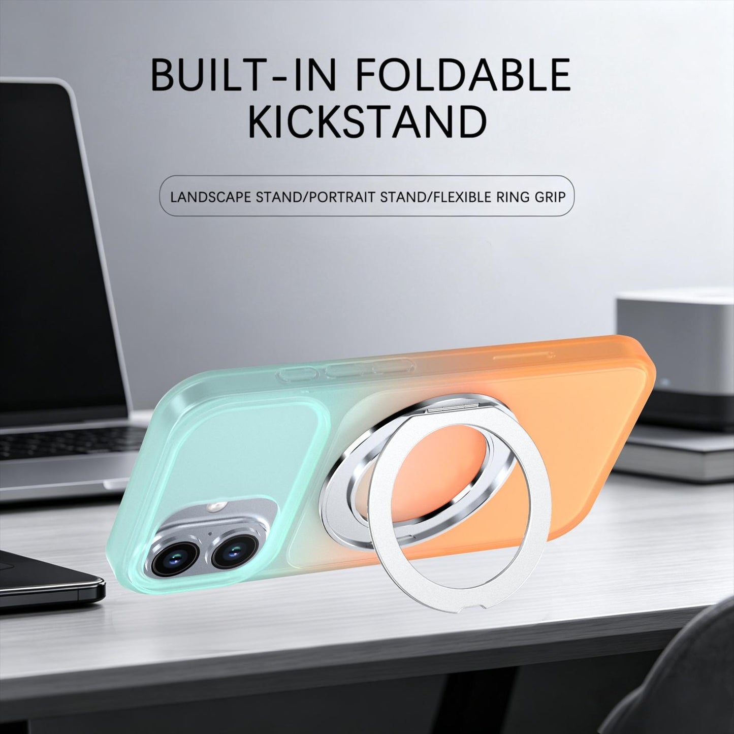 For iPhone 16 Phantom Skin Feel Gradient 360 Degree Rotating Holder Phone Case(Orange)