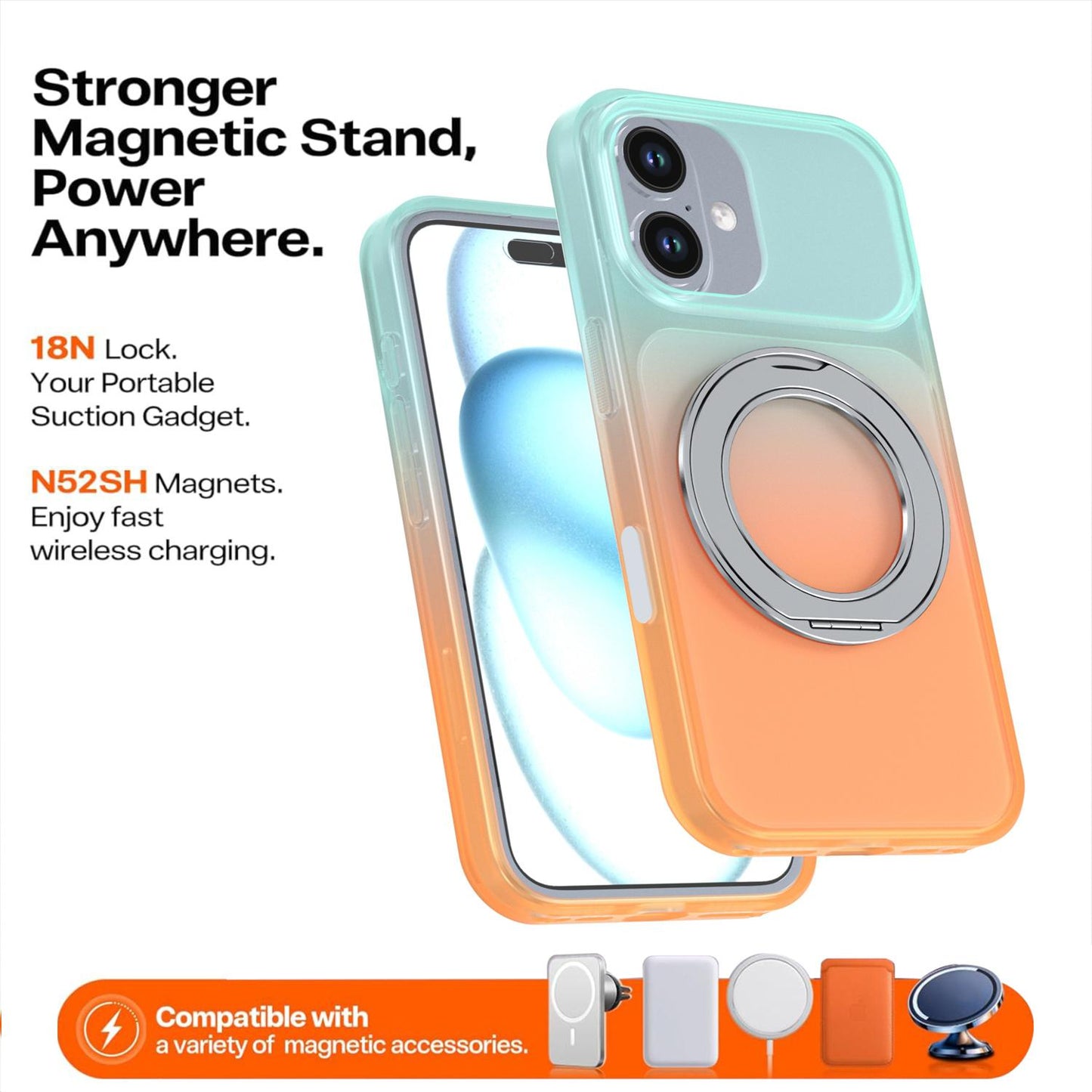 For iPhone 16 Phantom Skin Feel Gradient 360 Degree Rotating Holder Phone Case(Orange)