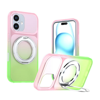 For iPhone 16 Phantom Skin Feel Gradient 360 Degree Rotating Holder Phone Case(Pink)