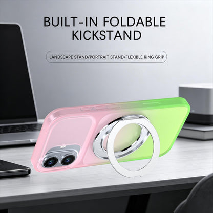 For iPhone 16 Phantom Skin Feel Gradient 360 Degree Rotating Holder Phone Case(Pink)