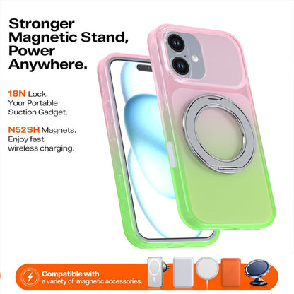 For iPhone 16 Phantom Skin Feel Gradient 360 Degree Rotating Holder Phone Case(Pink)