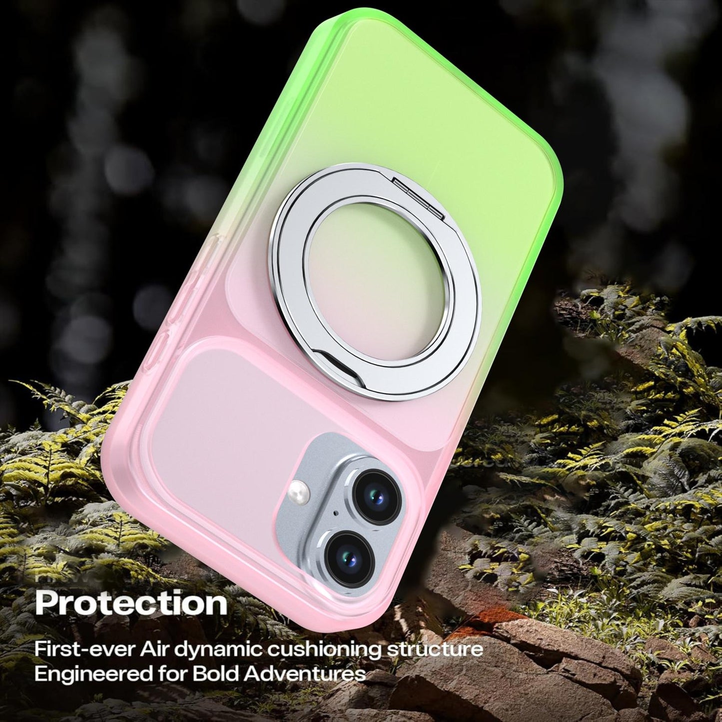 For iPhone 16 Phantom Skin Feel Gradient 360 Degree Rotating Holder Phone Case(Pink)