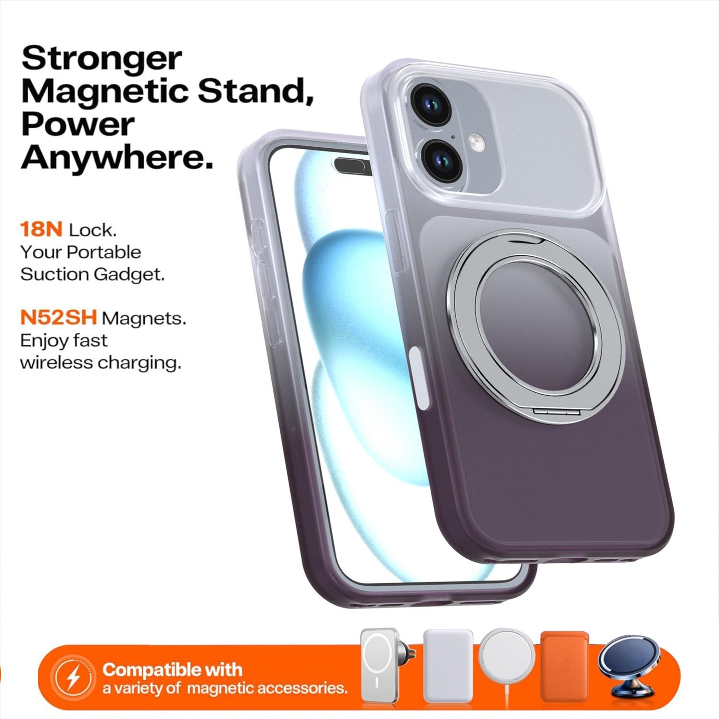 For iPhone 16 Phantom Skin Feel Gradient 360 Degree Rotating Holder Phone Case(Grey)