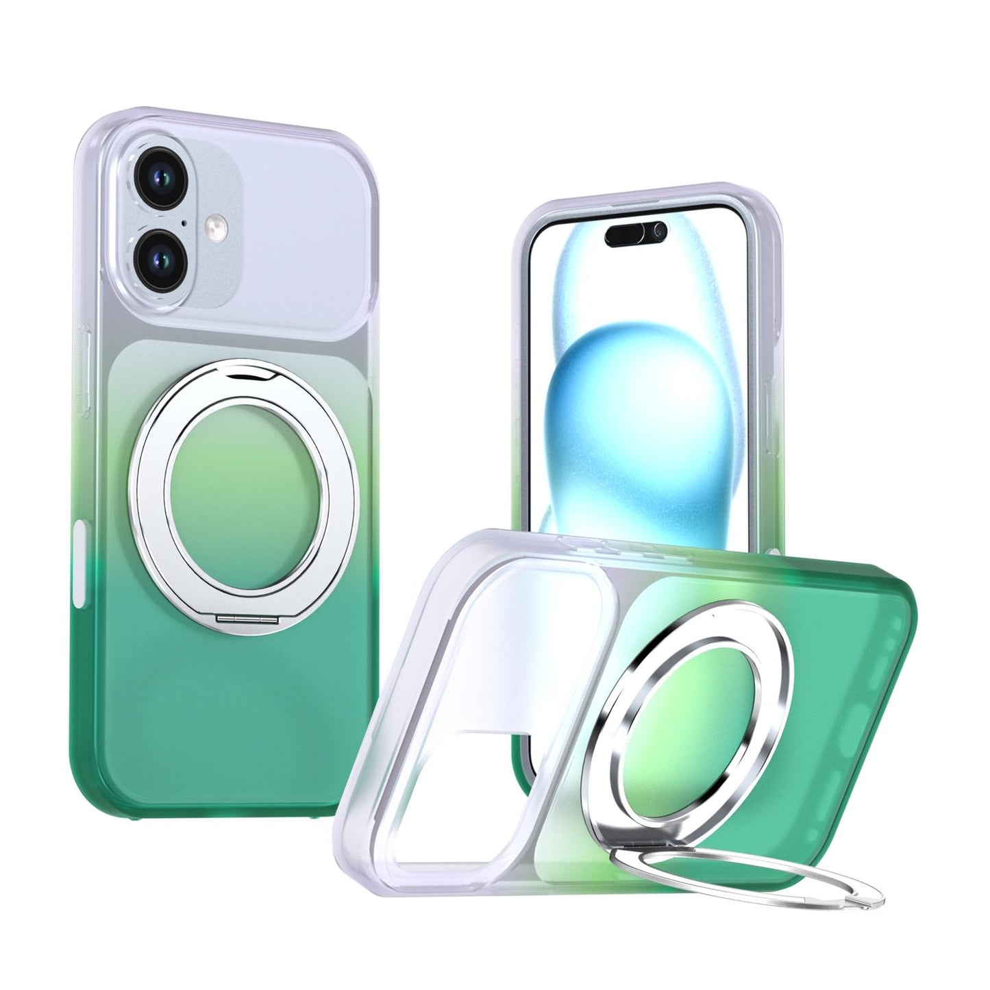 For iPhone 16 Phantom Skin Feel Gradient 360 Degree Rotating Holder Phone Case(Green)