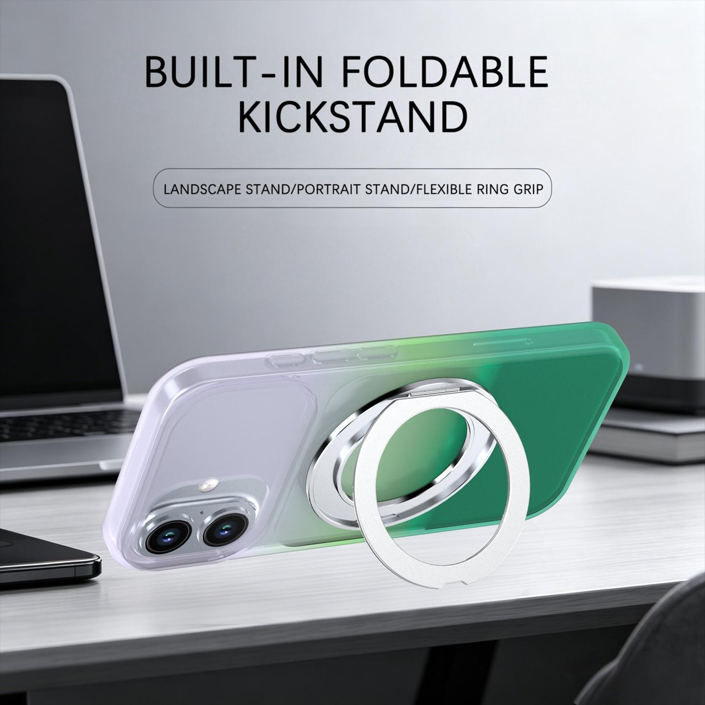 For iPhone 16 Phantom Skin Feel Gradient 360 Degree Rotating Holder Phone Case(Green)