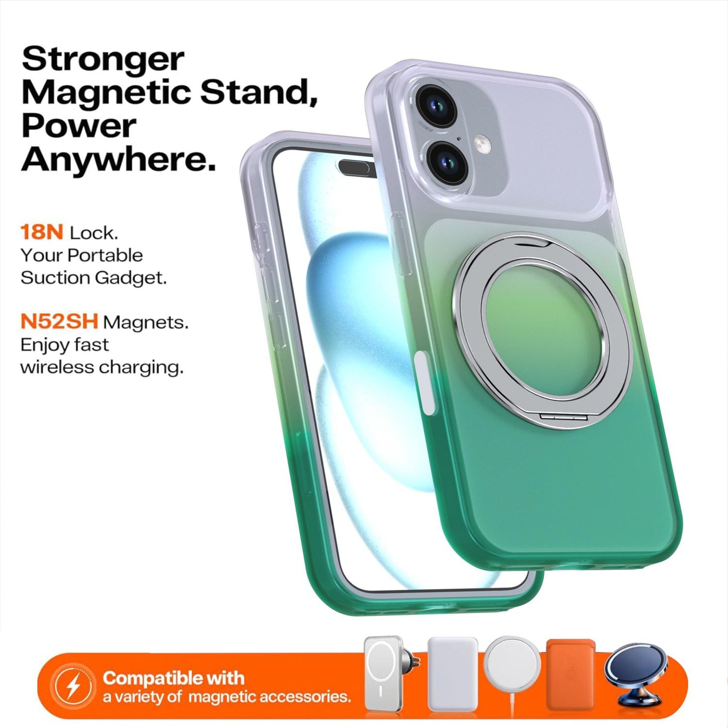 For iPhone 16 Phantom Skin Feel Gradient 360 Degree Rotating Holder Phone Case(Green)