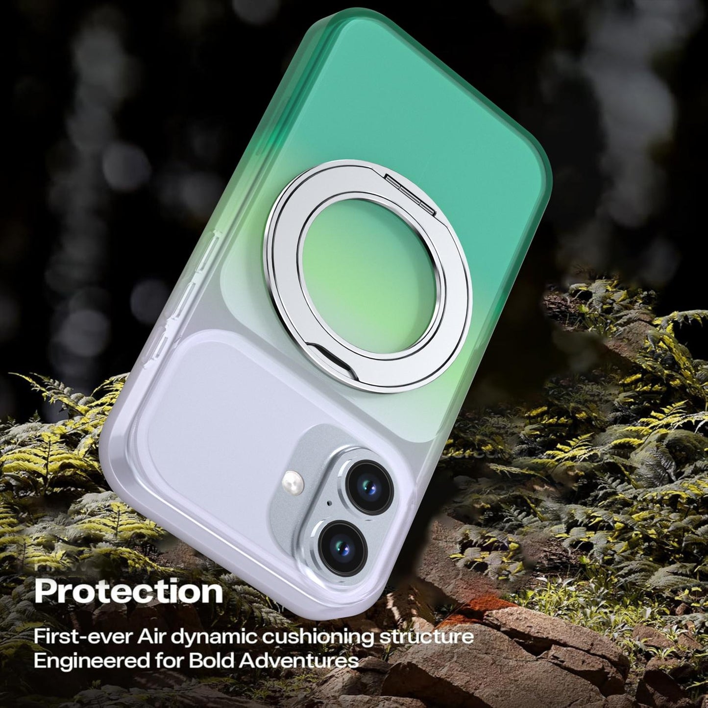 For iPhone 16 Phantom Skin Feel Gradient 360 Degree Rotating Holder Phone Case(Green)