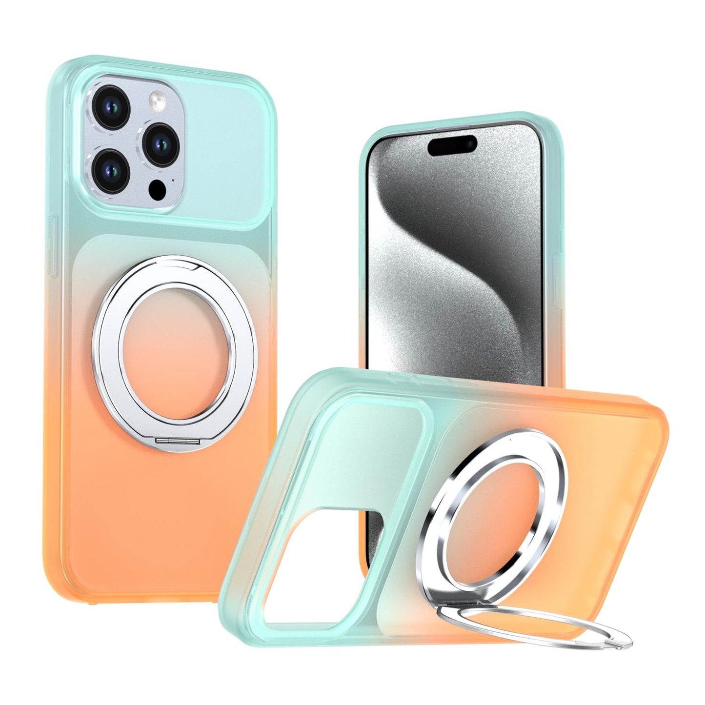 For iPhone 15 Pro Max Phantom Skin Feel Gradient 360 Degree Rotating Holder Phone Case(Orange)