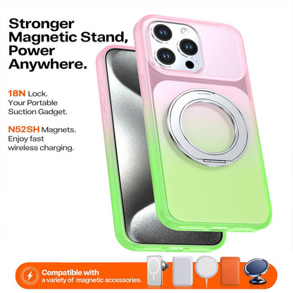 For iPhone 15 Pro Max Phantom Skin Feel Gradient 360 Degree Rotating Holder Phone Case(Pink)