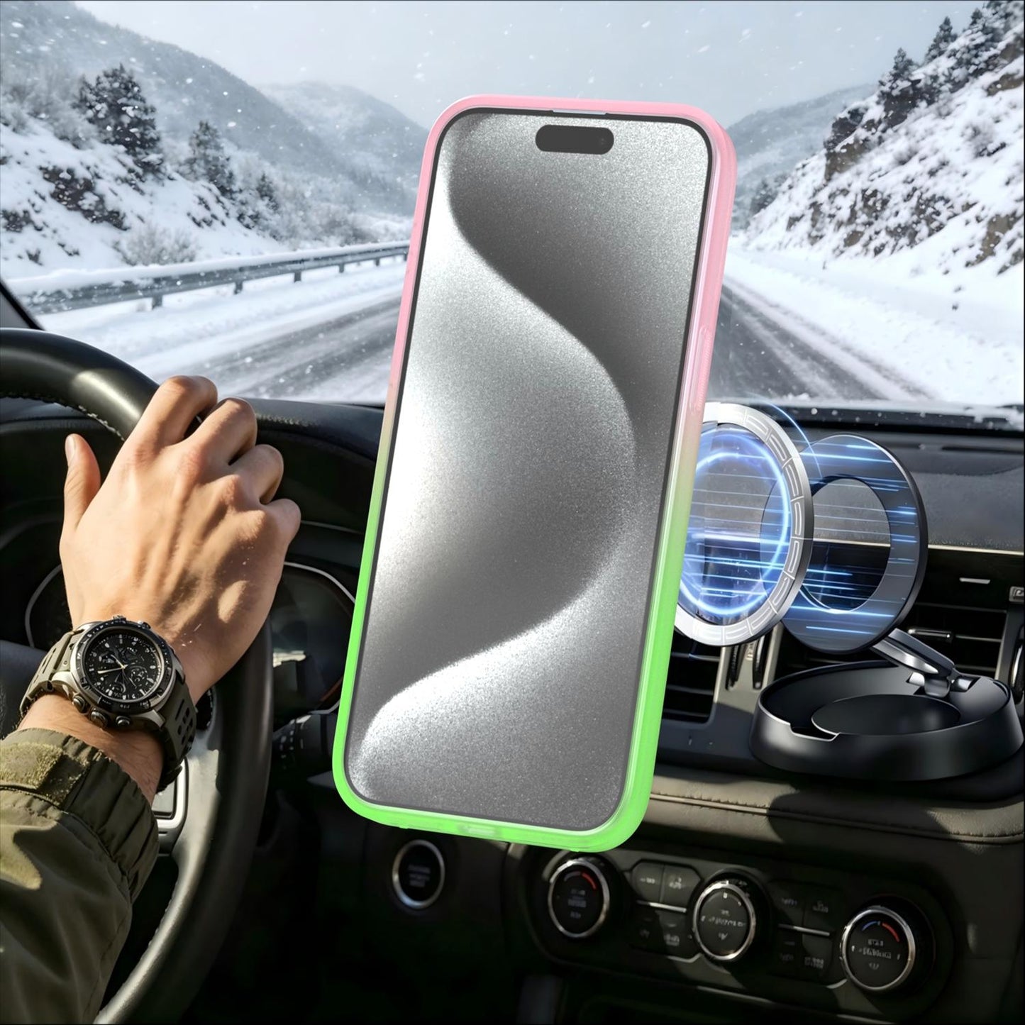 For iPhone 15 Pro Max Phantom Skin Feel Gradient 360 Degree Rotating Holder Phone Case(Pink)