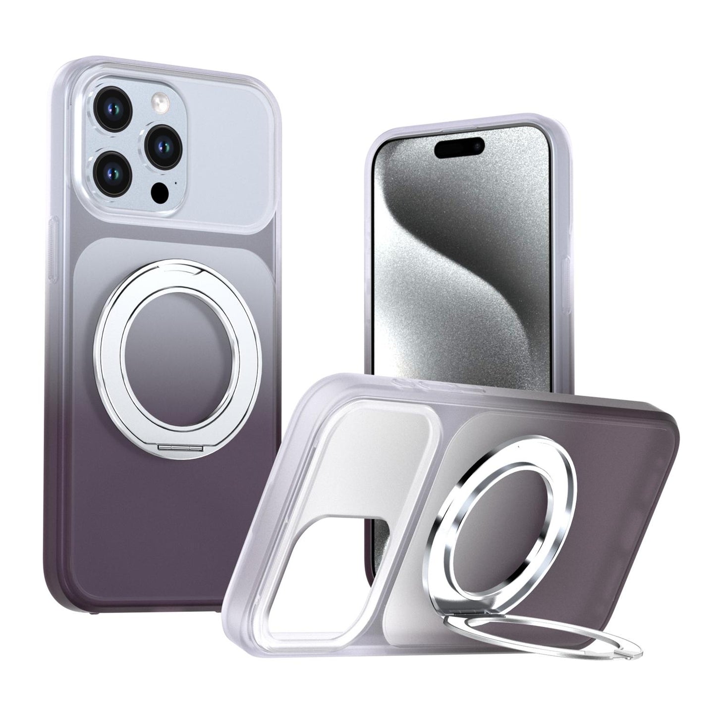For iPhone 15 Pro Max Phantom Skin Feel Gradient 360 Degree Rotating Holder Phone Case(Grey)
