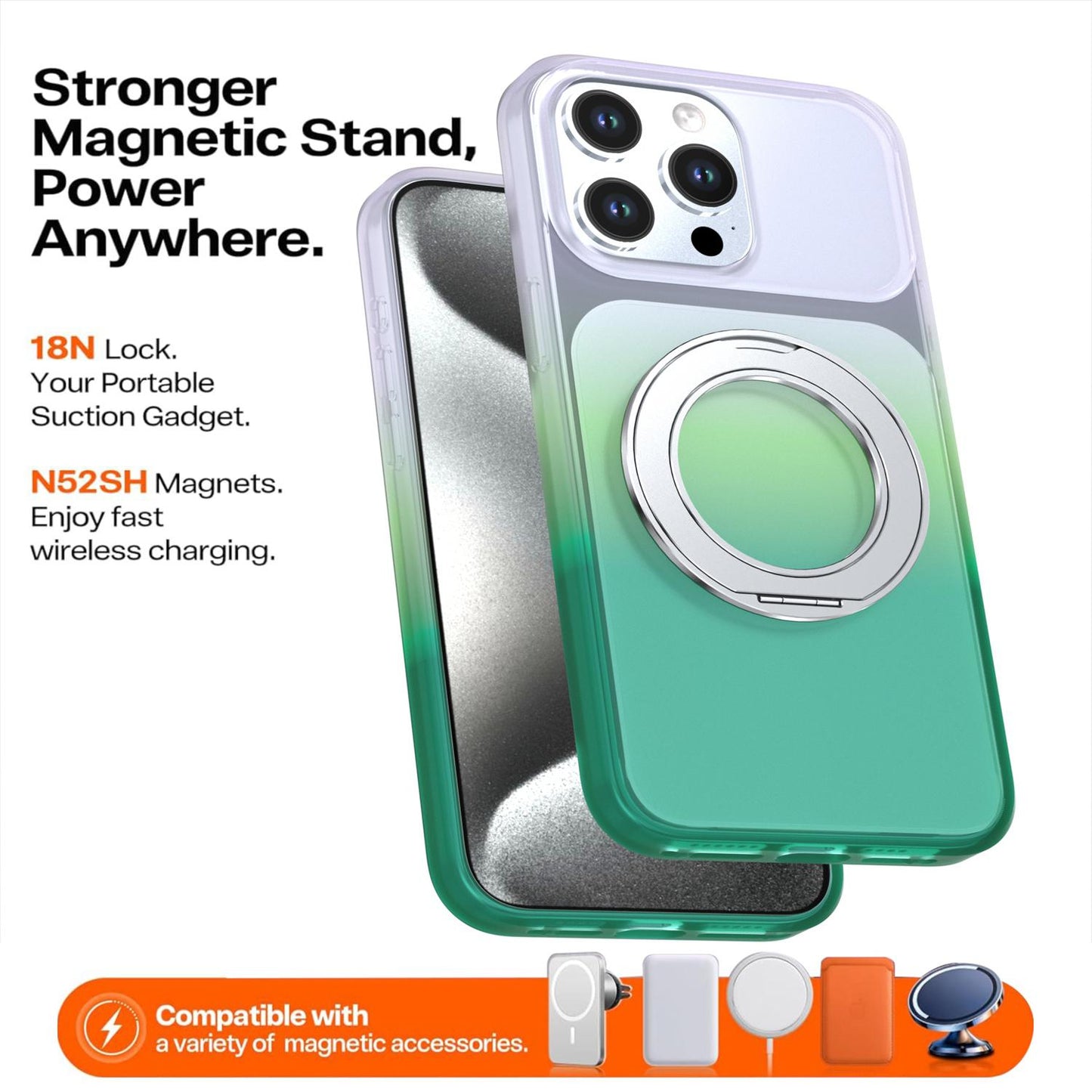 For iPhone 15 Pro Max Phantom Skin Feel Gradient 360 Degree Rotating Holder Phone Case(Green)
