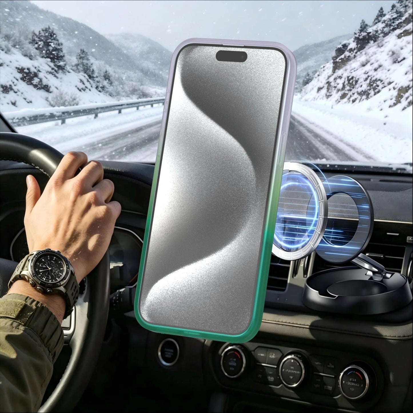 For iPhone 15 Pro Max Phantom Skin Feel Gradient 360 Degree Rotating Holder Phone Case(Green)