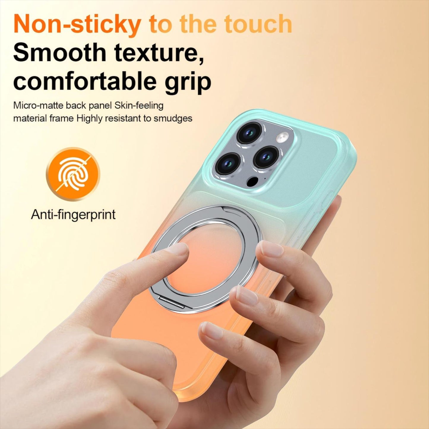 For iPhone 15 Pro Phantom Skin Feel Gradient 360 Degree Rotating Holder Phone Case(Orange)