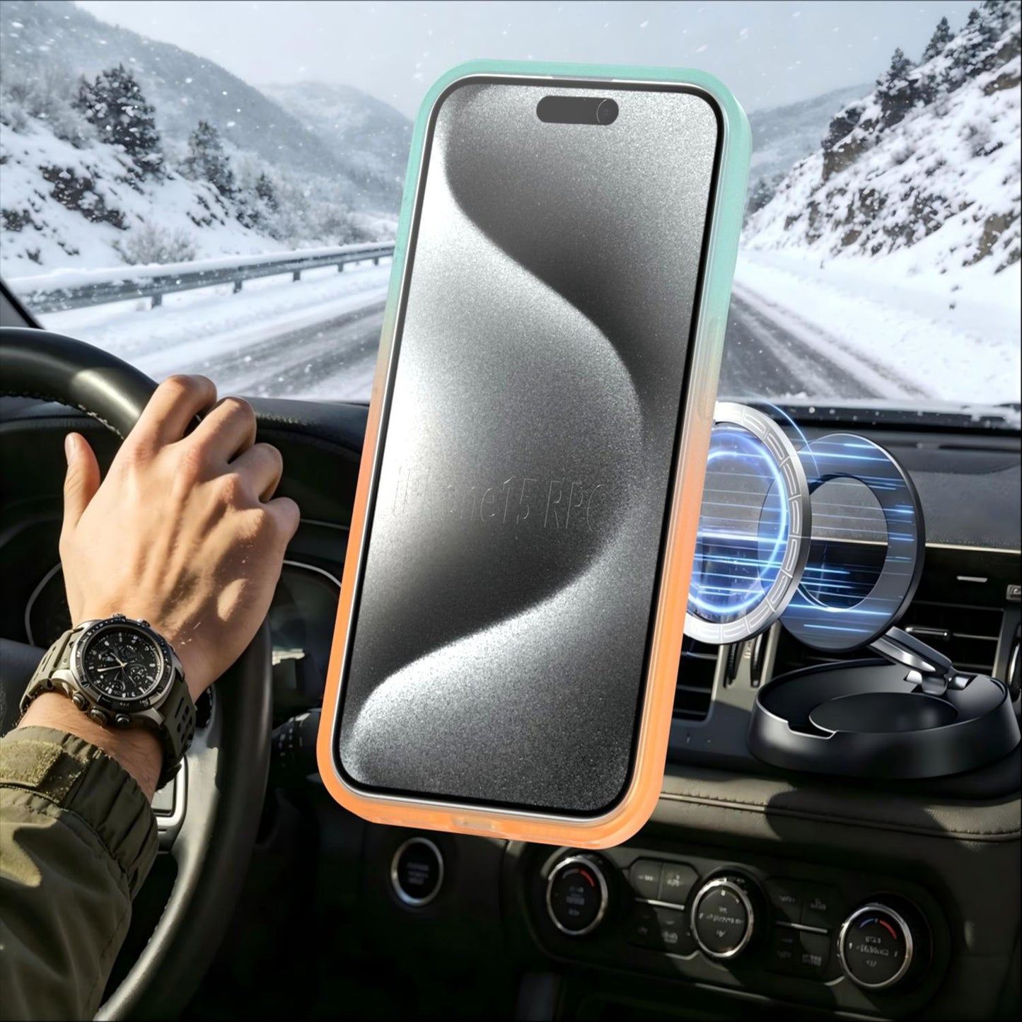 For iPhone 15 Pro Phantom Skin Feel Gradient 360 Degree Rotating Holder Phone Case(Orange)