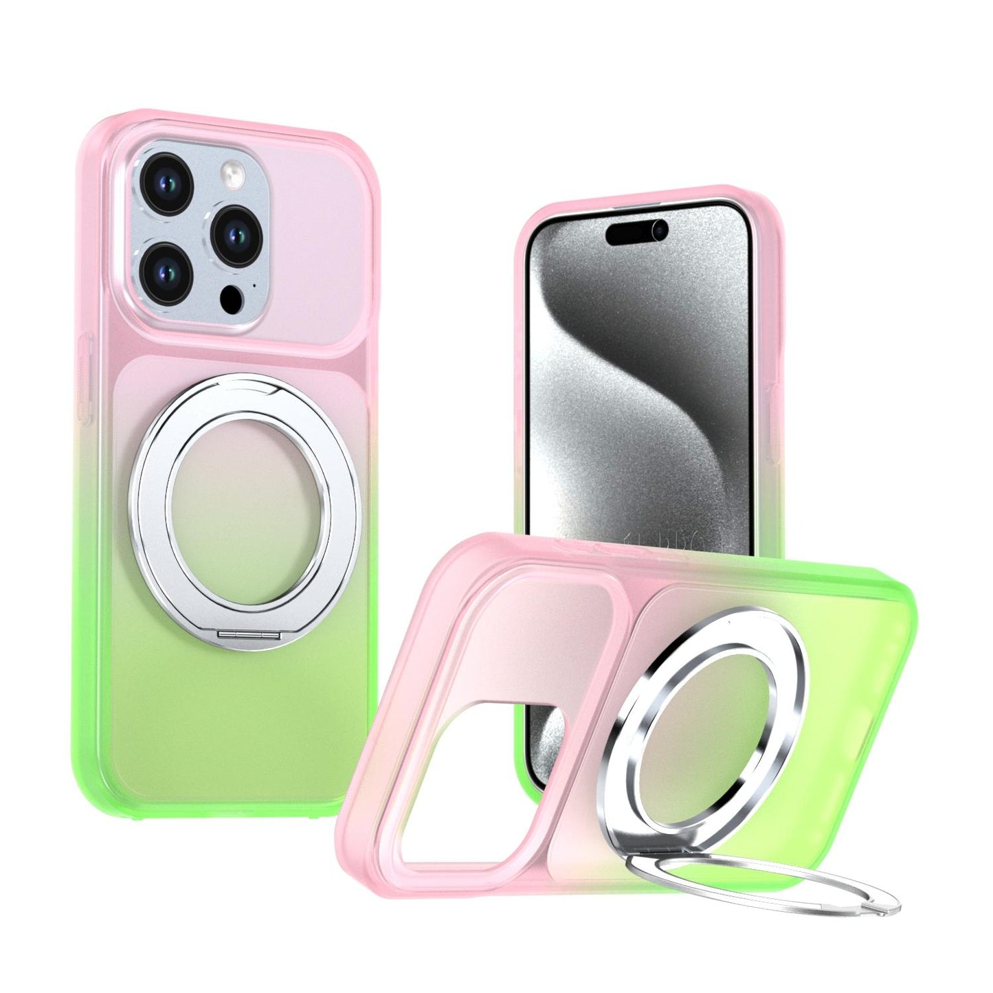 For iPhone 15 Pro Phantom Skin Feel Gradient 360 Degree Rotating Holder Phone Case(Pink)