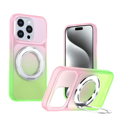 For iPhone 15 Pro Phantom Skin Feel Gradient 360 Degree Rotating Holder Phone Case(Pink)