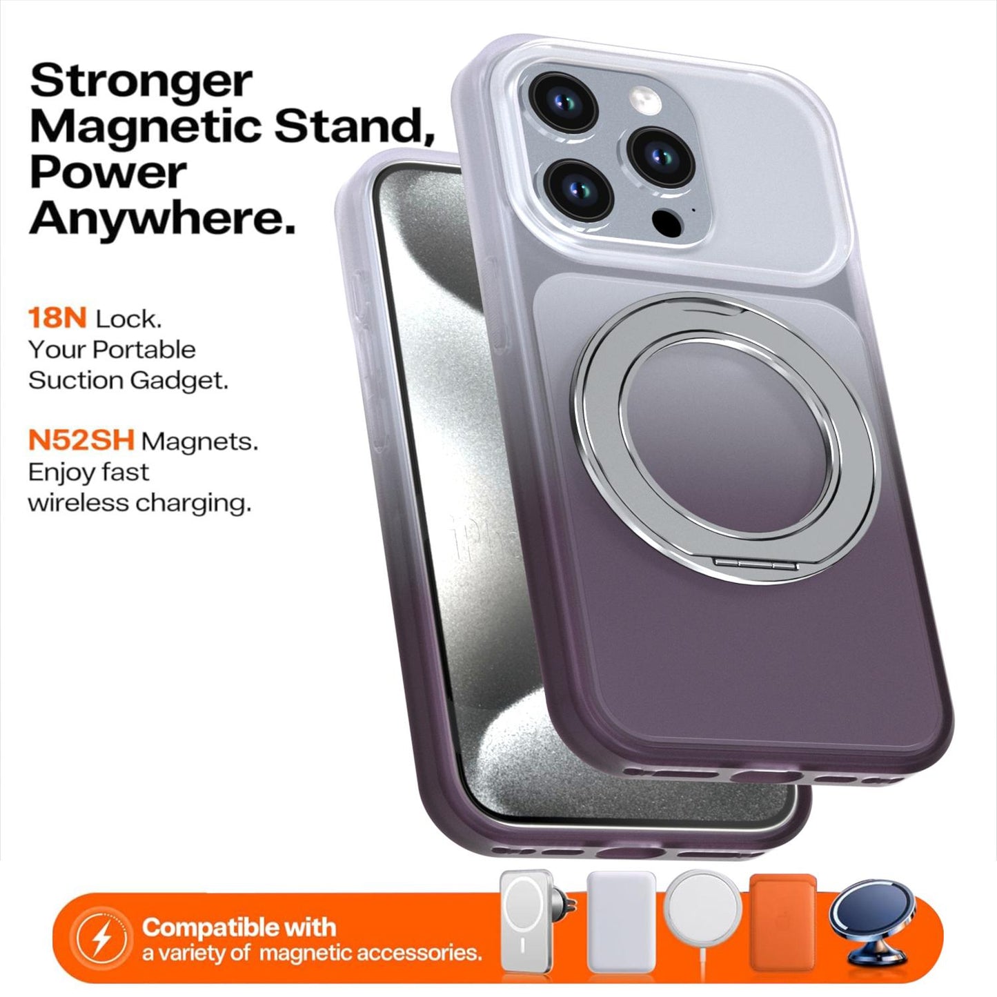 For iPhone 15 Pro Phantom Skin Feel Gradient 360 Degree Rotating Holder Phone Case(Grey)
