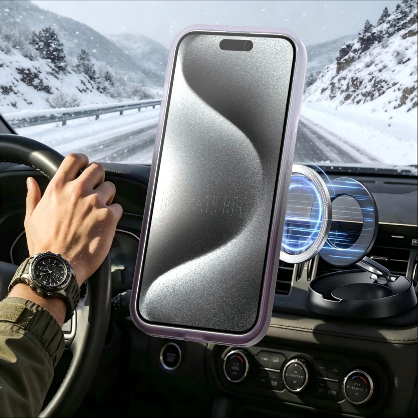 For iPhone 15 Pro Phantom Skin Feel Gradient 360 Degree Rotating Holder Phone Case(Grey)