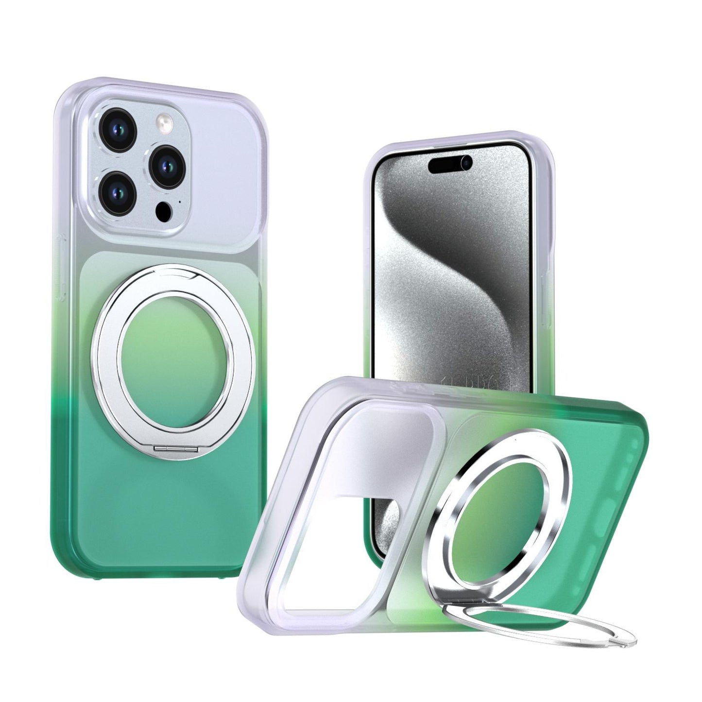 For iPhone 15 Pro Phantom Skin Feel Gradient 360 Degree Rotating Holder Phone Case(Green)