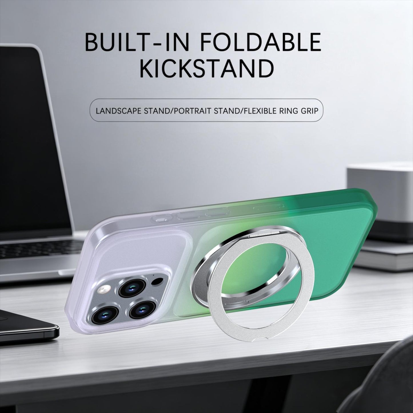 For iPhone 15 Pro Phantom Skin Feel Gradient 360 Degree Rotating Holder Phone Case(Green)