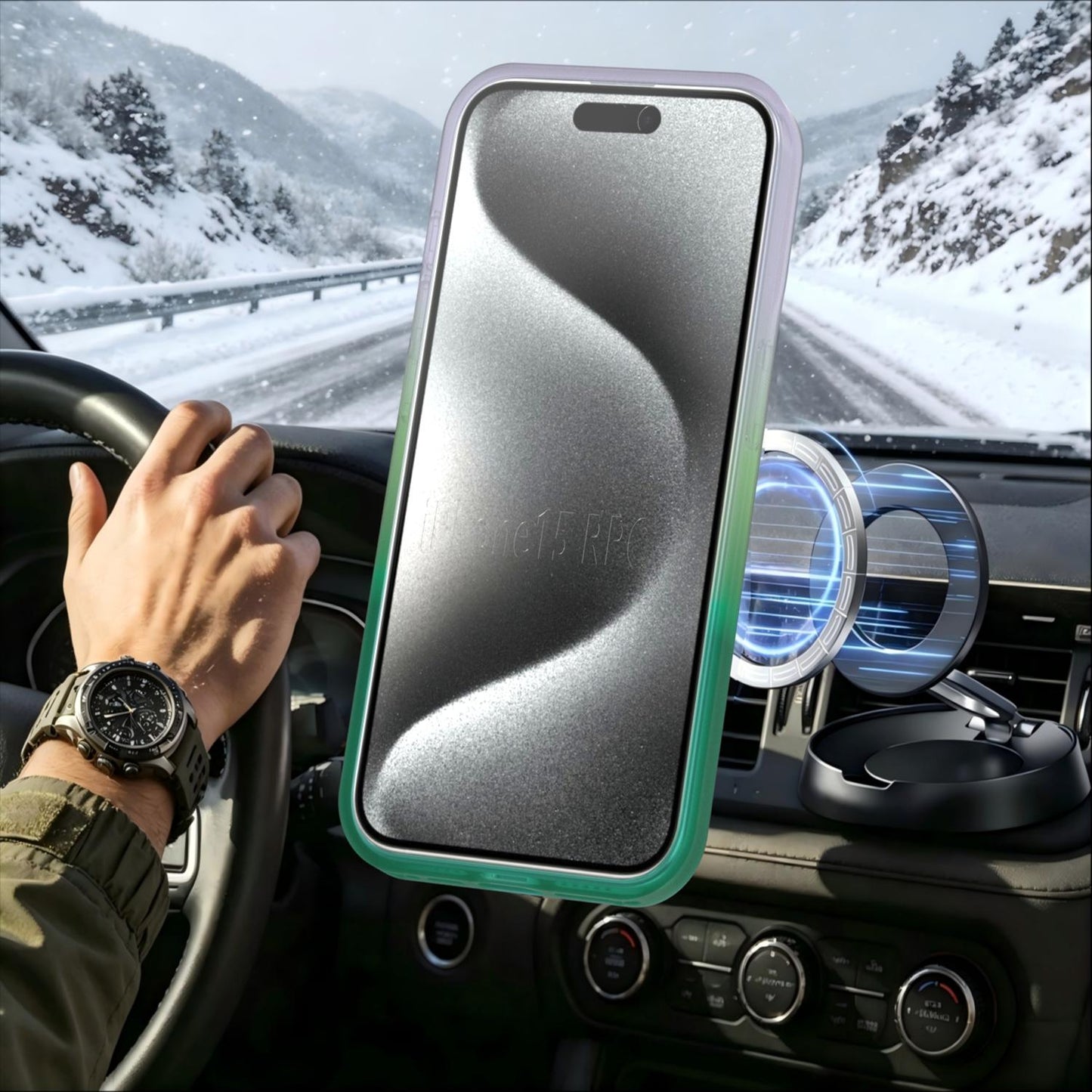 For iPhone 15 Pro Phantom Skin Feel Gradient 360 Degree Rotating Holder Phone Case(Green)