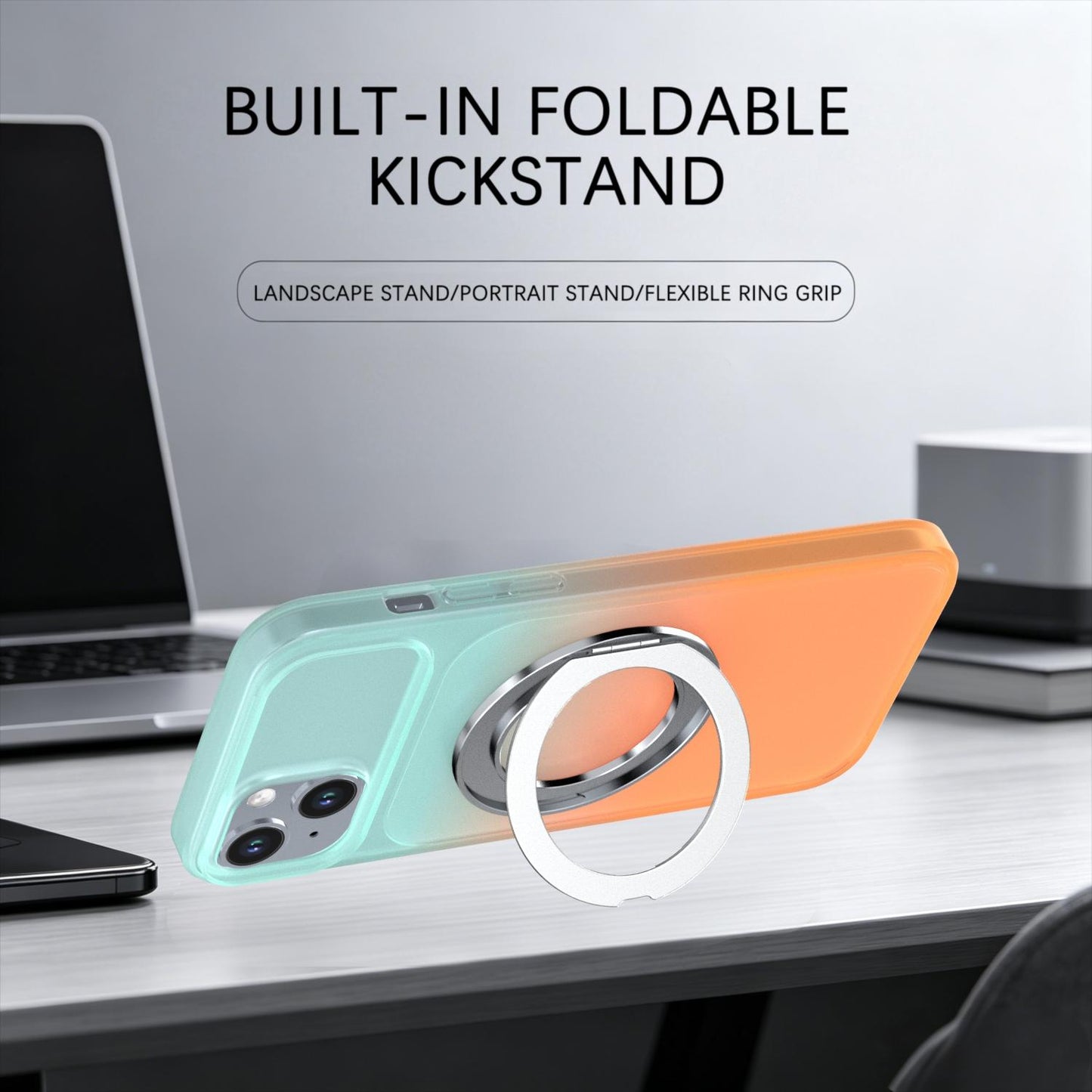 For iPhone 15 Plus / 14 Plus Phantom Skin Feel Gradient 360 Degree Rotating Holder Phone Case(Orange)