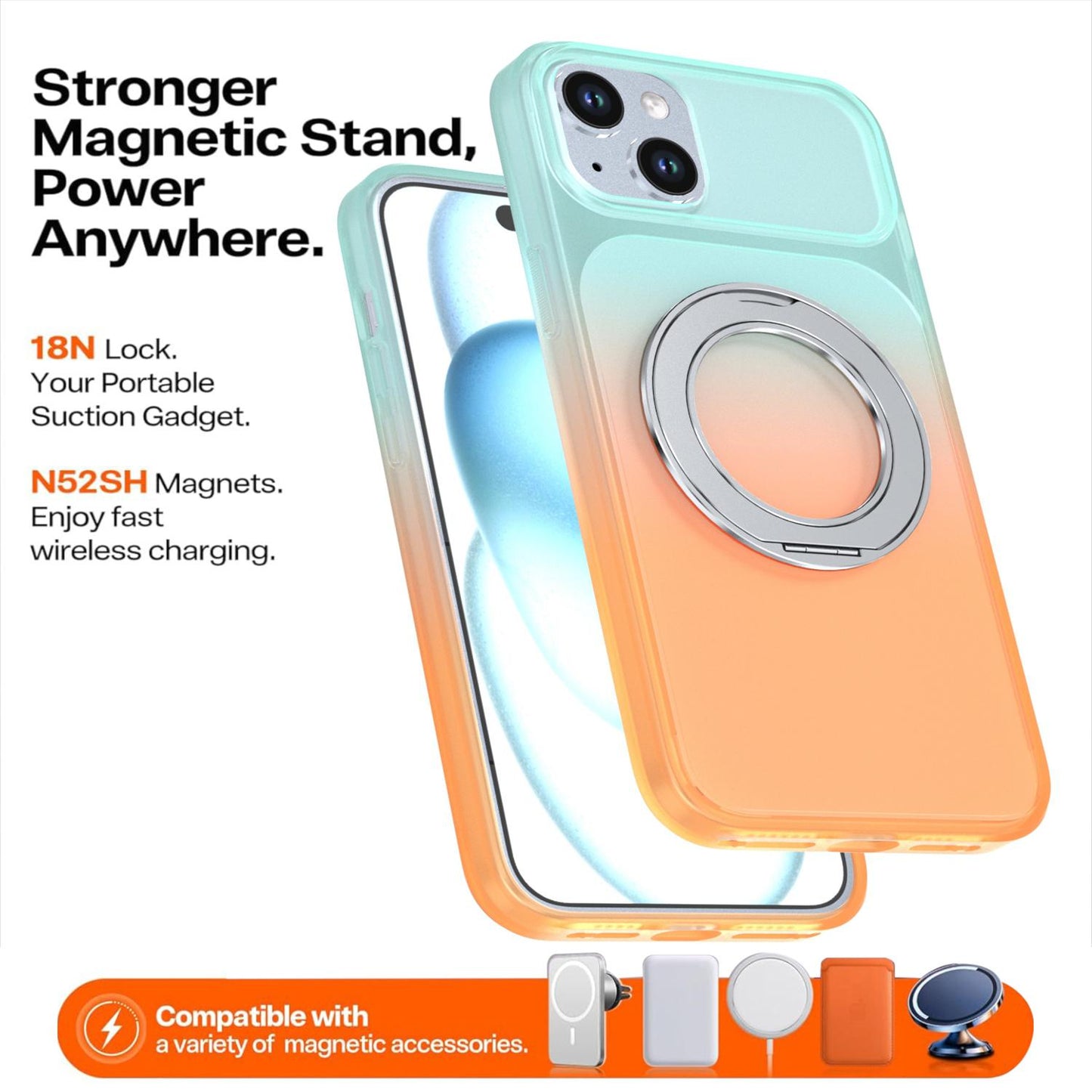 For iPhone 15 Plus / 14 Plus Phantom Skin Feel Gradient 360 Degree Rotating Holder Phone Case(Orange)
